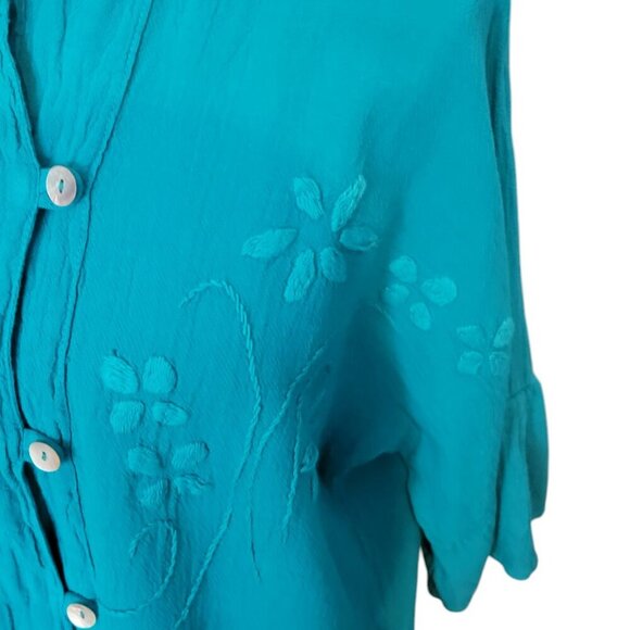 Chali Mexico Teal/Turquoise Blue Button-Down Mandarin Collar 3/4 Sleeve Top NWOT - Picture 2 of 5